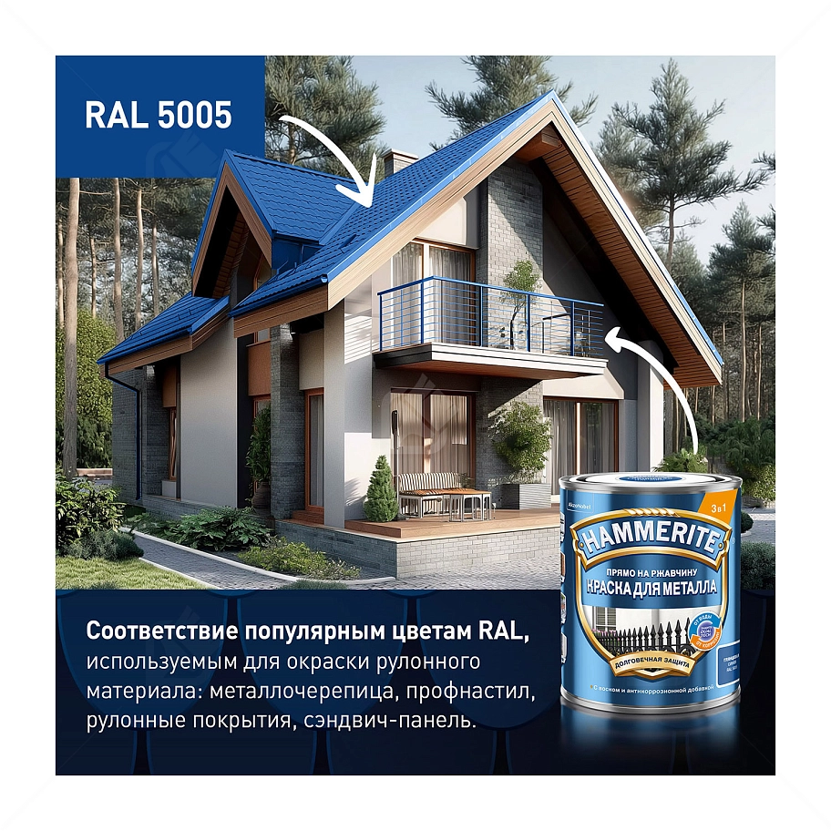 Краска для металлических поверхностей алкидная Hammerite гладкая синяя RAL 5005 2 л.